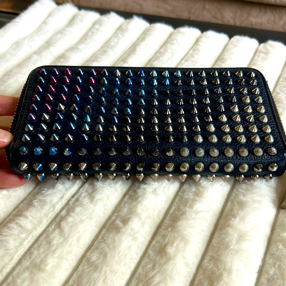 Christian Louboutin Black Leather Spike Wallet with Multicolor Spikes Zip!